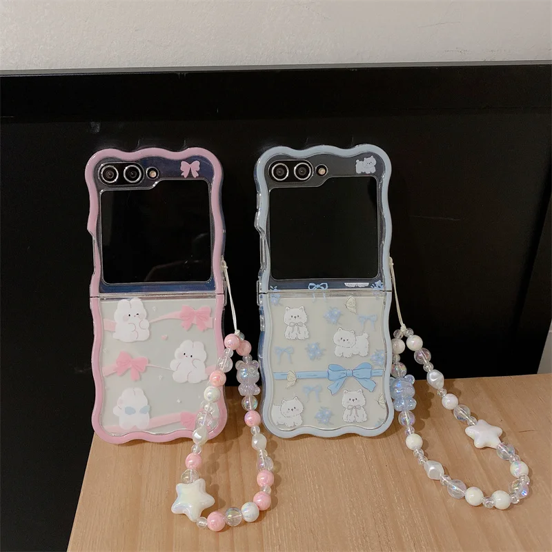 Phone Case For Samsung Galaxy Z Flip 6 5 4 3 Cute Bow Rabbit Bracelet Wave Shockproof Cover For Samsung Z Flip6 ZFlip6