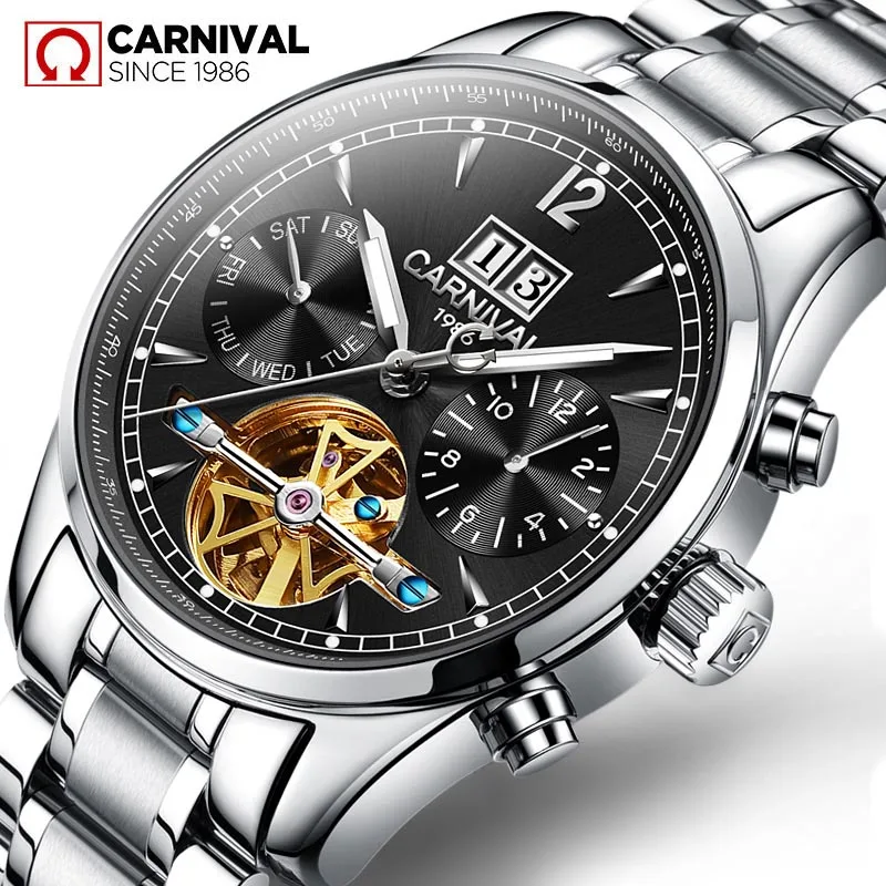 

Carnival Fashion Gold Skeleton Tourbillon Watch Men Stainless Steel Waterproof Luminous Multifunction Luxury Mechanical Watch