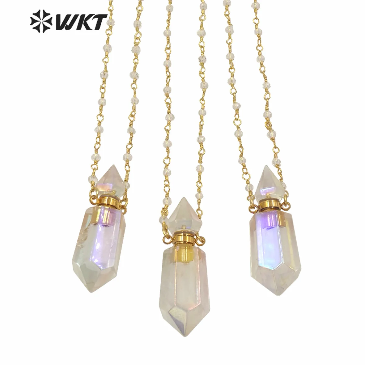 WT-N1233 Wholesale Women Double Point Aura Crystal Quartz Necklace Gold Electroplated Rosary Beads Perfume Bottle Accessories