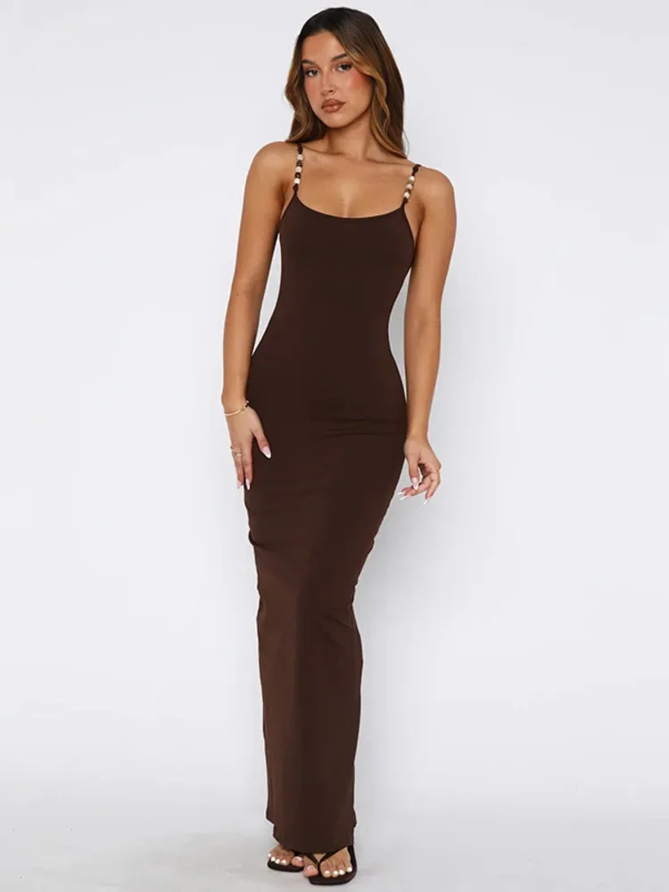 XIAOTANG Spaghetti sangle dos nu Sexy robe Maxi femmes robe mode solide sans manches dos fendu moulante Club fête longue robe