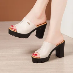 New 2024 Thick Sole Block High Heels Slides Women Platform Shoes Summer Open Head Elegant Chunky Slippers for Office