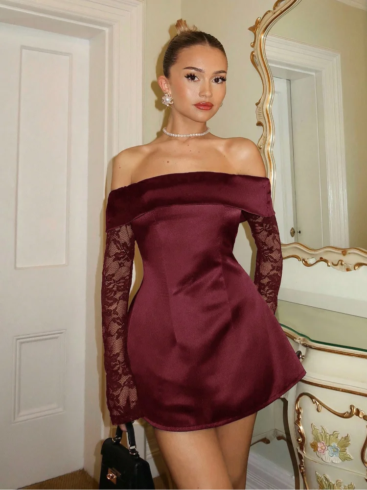 Sexy Lace Satin Strapless Mini Dress Women Elegant Patchwork Off Shoulder Full Sleeve Slim Dresses Lady Christmas Party Gown