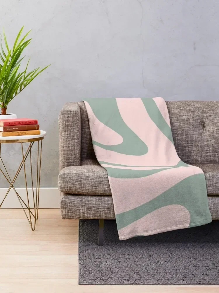 Modern Retro Liquid Swirl Abstract Pattern in Pale Pink and Sage Green Throw Blanket Sofas Flannel Fabric Beautifuls Blankets