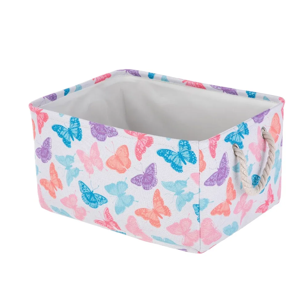 Kids Butterfly Canvas Storage Basket with Handles, 15x11x7.8 Inch Organizer Bin for Toys, Books, Clothes, Nursery, Kids Room, Cute Butterfly Design, Collapsible Storage Box
