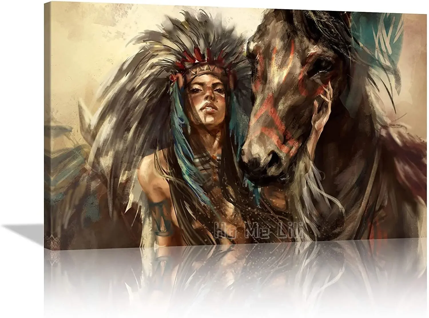 Wall Art Feather Headdress For Women West With Horse Painting Picture Home Decoration