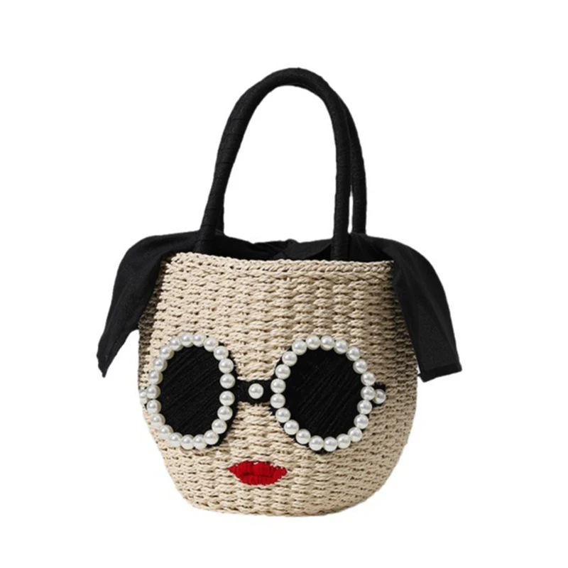 Glasses red lips straw wovenJapanese fashion rattan hand bag cute cartoon Shoulder Crossbody  Beach Bag bucket woven bag female