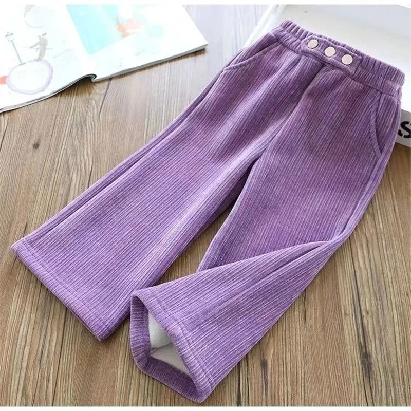 Girls Thick Wide Leg Pants Winter Autumn Big Kids Plus Velvet Warm Trousers Children Padded Casual Long Pants 4-12 Years