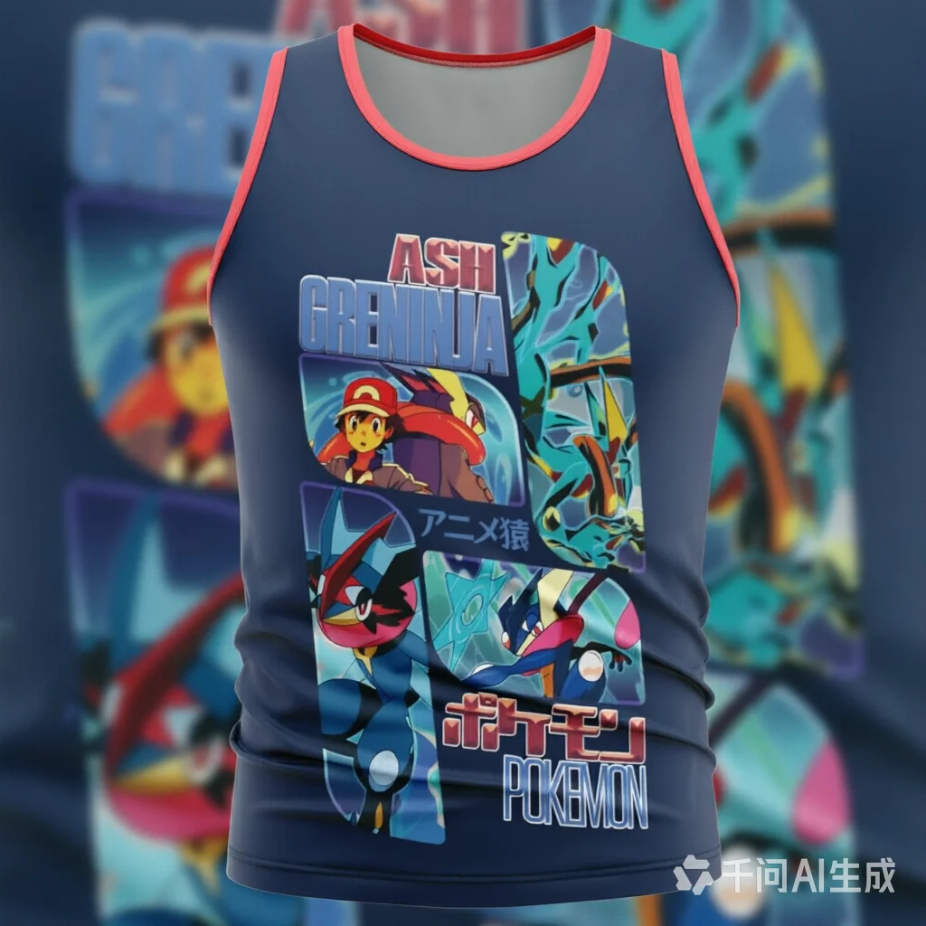 Camiseta Sem Mangas Casual para Homens com Estampa de Anime Pokemon Ash Greninja em Azul Marinho com Detalhes em Vermelho