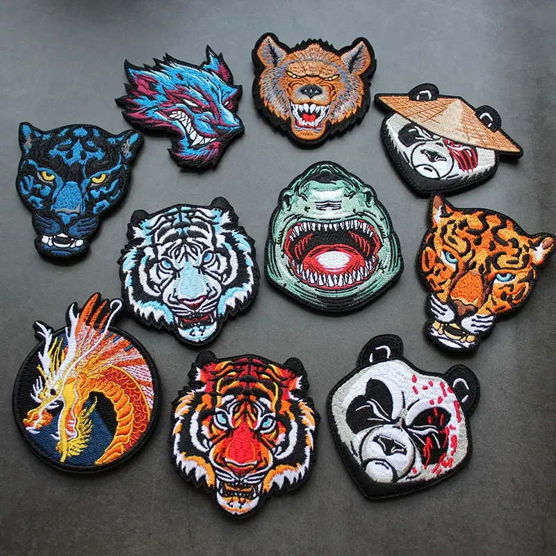 Animal Embroidery Hook&loop Patch Panda Armband Shark Jungle King Tiger Head Emblem Morale Badge Backpack Sticker Camping Large