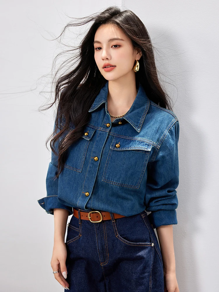 Korean Style Casual Loose Retro Long-Sleeved Denim Shirt Women 2024 New Simple Fashion Commuter Denim Coat Tops