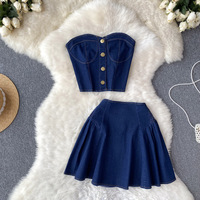 Women Dress Stets Denim Washing Two Pieces Strapless Vest Sheath Basics Pleated Mini Skirts Solid Pockets 2025 Button Sexy