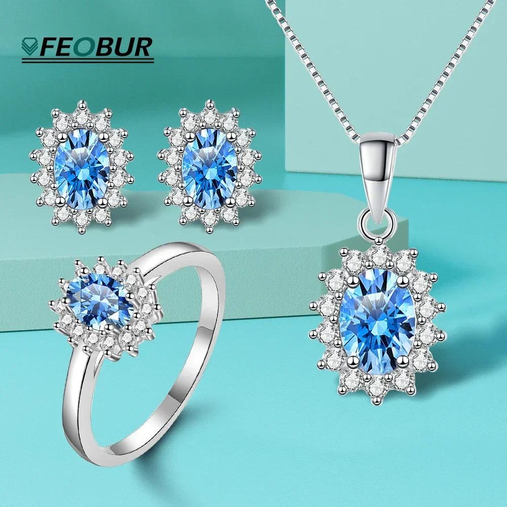 2.5CT Sapphire Moissanite Pendant Necklace Earrings Set for Women 925 Sterling Silver Blue Gemstone Wedding Jewelry Bridal Sets