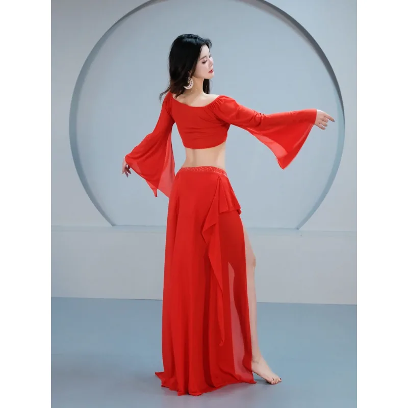 Customized Belly Dance Costume Women Oriental Dance Set Long Sleeved Practice Outfit Lotus Leaf Ribbon Class Outfit 2Pcs