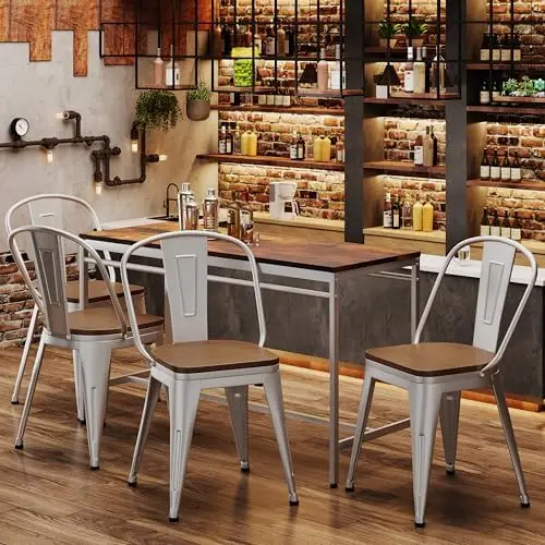 طقم كراسي طعام معدنية مقاس 18 بوصة مكون من 4 قطع، كراسي مزرعة حديدية عالية الظهر، قابلة للتكديس الصناعي، مقعد خشبي - فضي