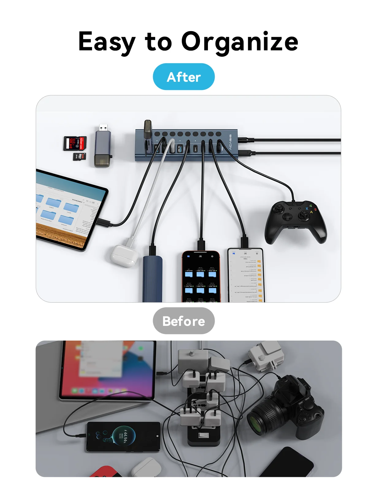 ACASIS 10Gbps 10/16 Portowy Hub USB 3.2 z Zasilaniem, Aluminiowy Rozszerzacz USB 3.2 Type-C Gen2 z Indywidualnymi Przełącznikami Włącz/Wyłącz — zdjęcie produktu 4