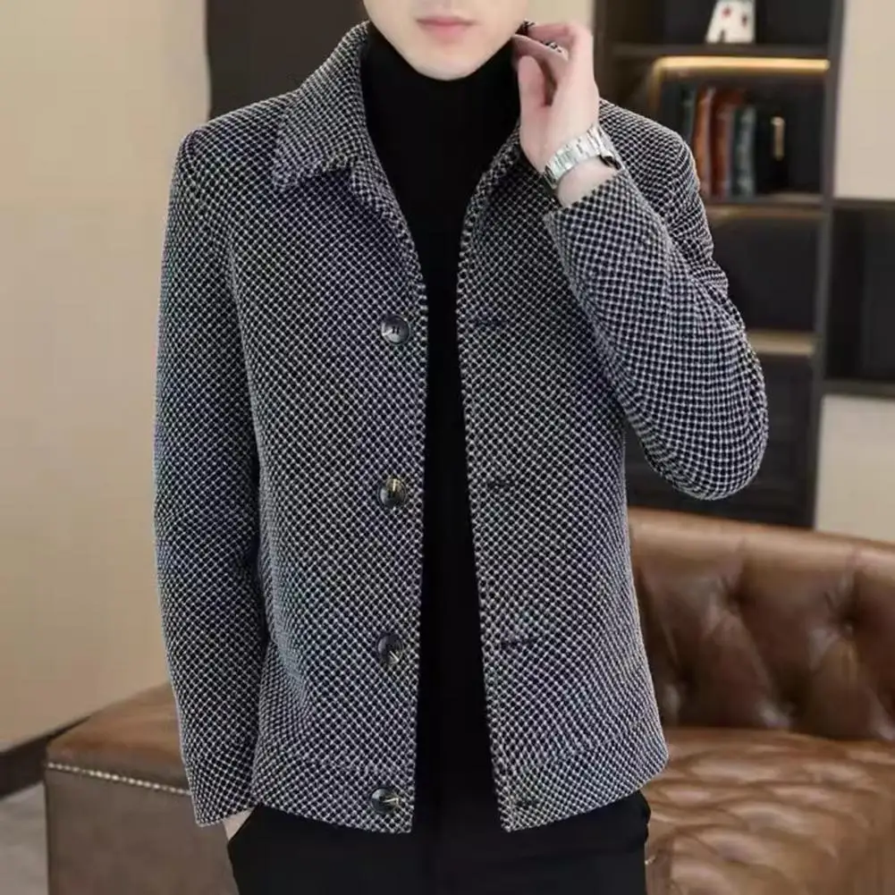 Winter Men Woolen Coat Lapel Long Sleeve Single Breasted Male Jacket Solid Color Button Design Casual Outerwear Men's Clothing