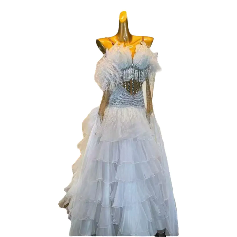 Concorso di danza latina Stage gonna da torta con scollo a piuma personalizzata di fascia alta da donna Samba Performance High Flash strass Dress