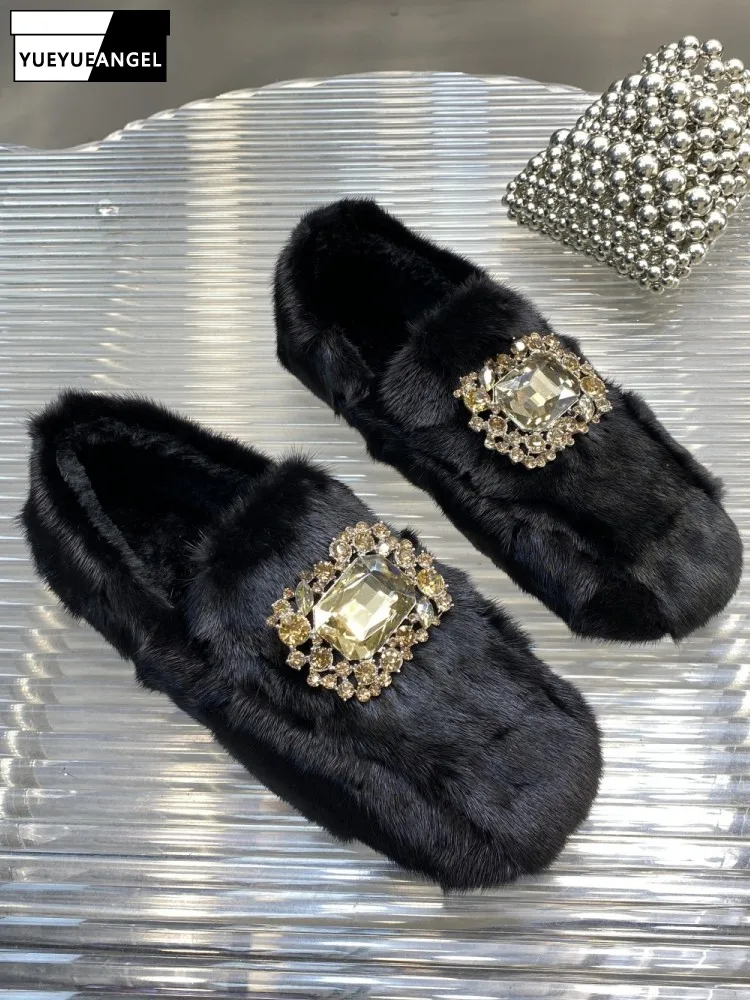 

Vintage Women Mink Fur Slip On Moccasin Gommino Comfortable Loafers Fashion Shiny Diamonds Flats Warm Winter Fleece Lining Shoes
