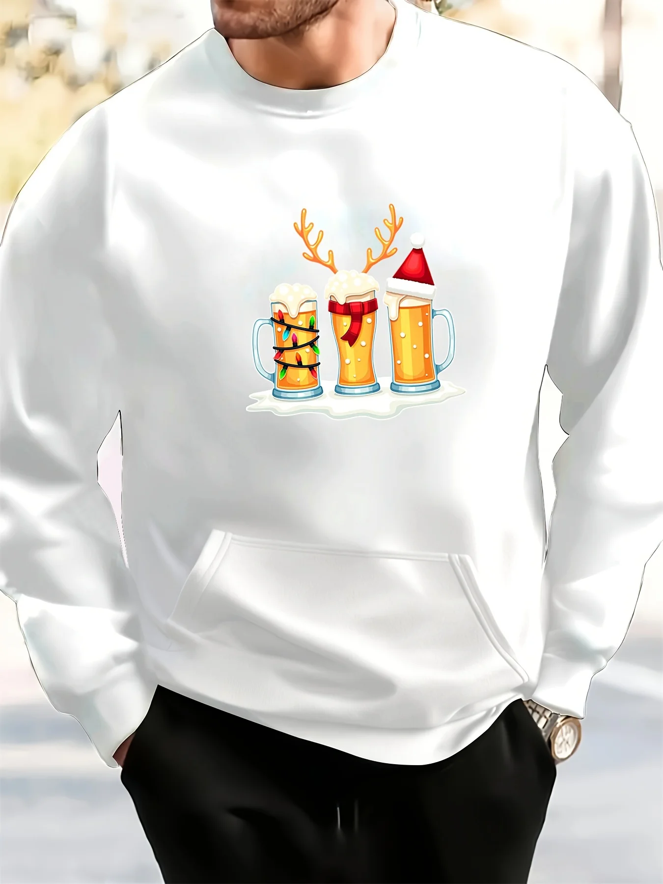 Men's Festive Christmas & New Year Graphic Sweatshirt - Casual Polyester Pullover with Pockets, Machine Washable - Perfect Christmas Gift for Men