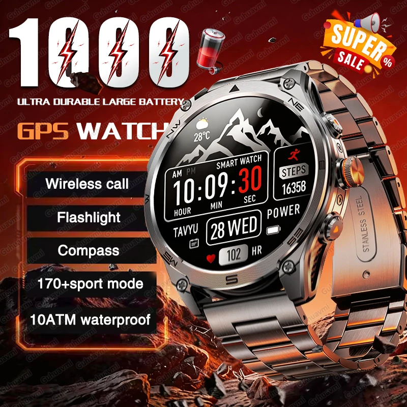 

New 1000mAh Big Battery Outdoors Military GPS Sport Smart Watch Men Dual-Band GNSS Compass Altimeter 10ATM Waterproof Smartwatch