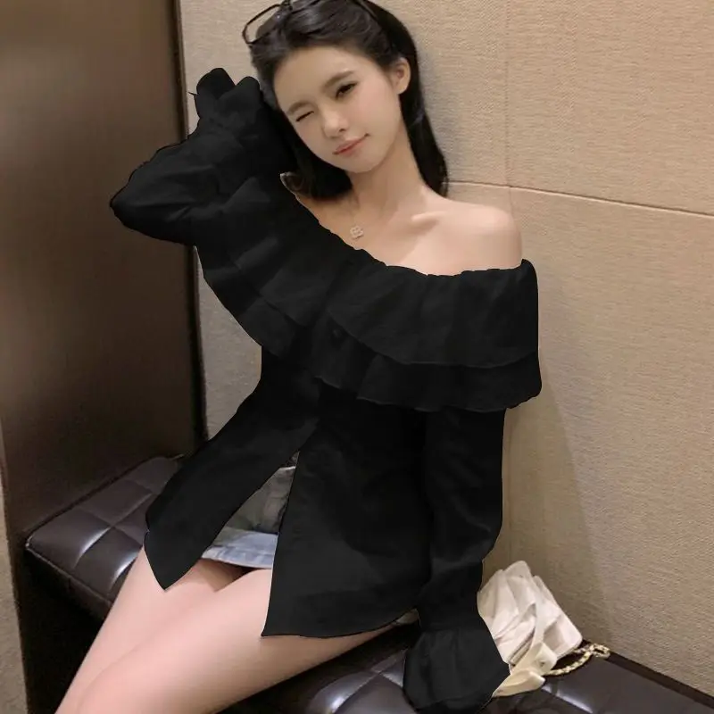 Women's New Fashionable Shirt with Ruffled Edges Breathable One Shoulder Slim Fit Shirt Design Slimming Top