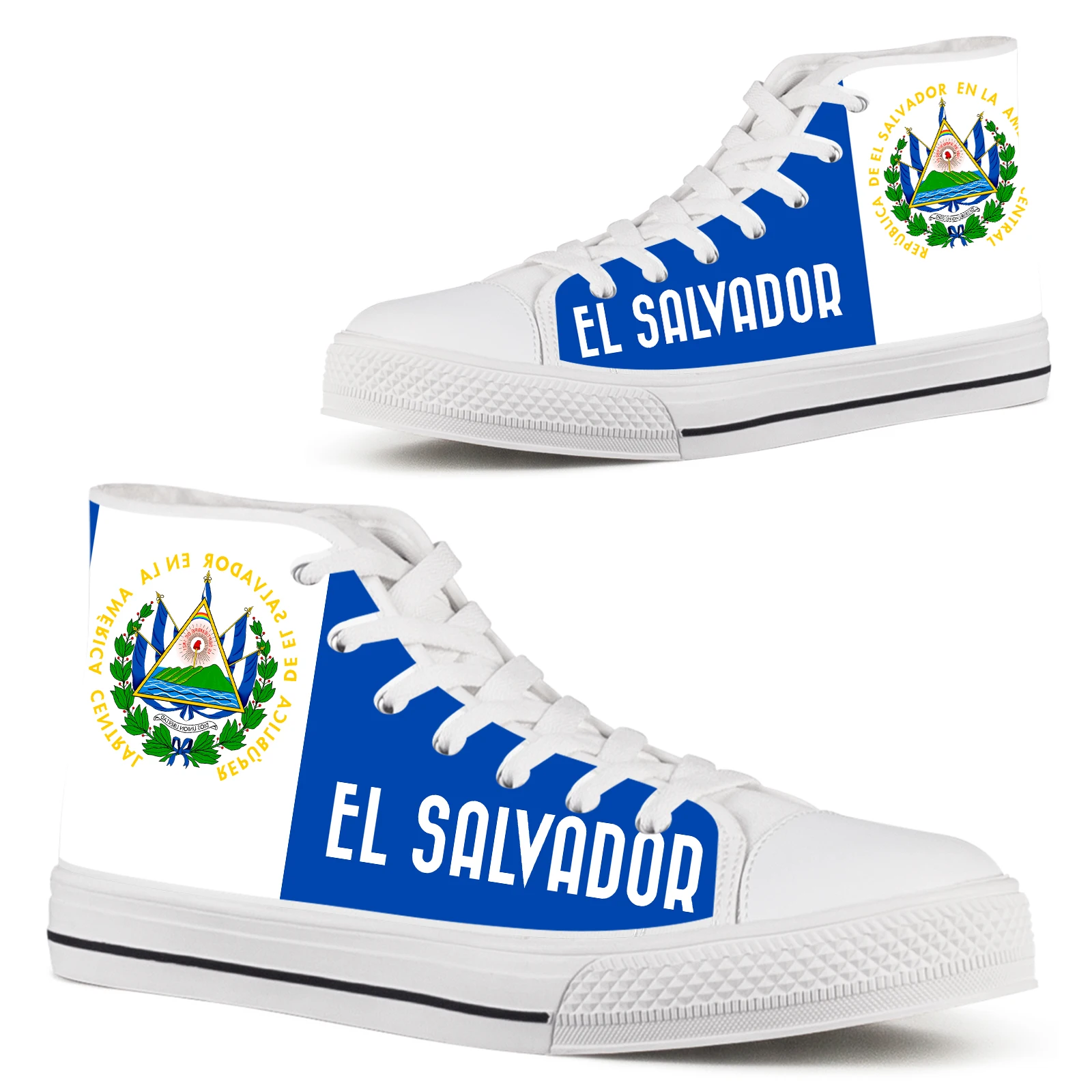 

ELVISWORDS El Salvador Flag Classic High Top Canvas Shoes Women's White Soft Sole Lace-up Vulcanized Shoes Casual Sneaker