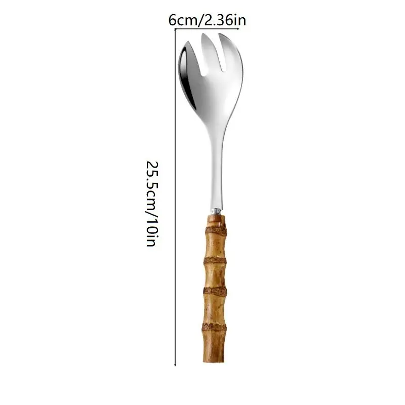 1pcs Bamboo Handle Dinnerware Salad Fork Spoon Cutlery Mirror Stainless Steel Flatware Western Home Kitchen Tableware