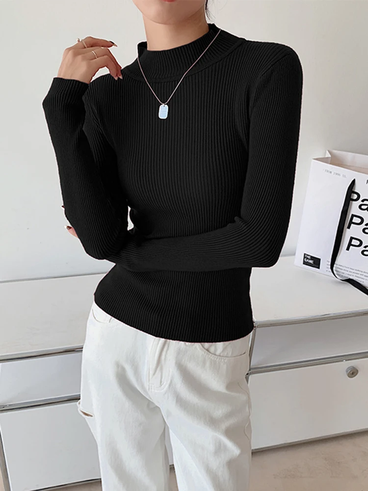 2024 Autumn Winter Sweaters Pullovers Women Long Sleeve Tops Turtleneck Knitted Sweater Slim Chic Clothes Solid Top Pull Femme