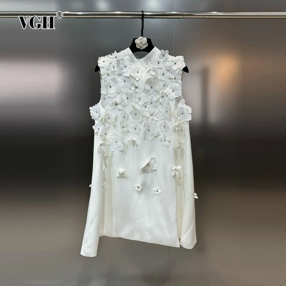 

VGH Solid Patchwork Embroidered Flares Mini Dresses For Women Stand Collar Sleeveless High Waist Spliced Floral Dress Female New