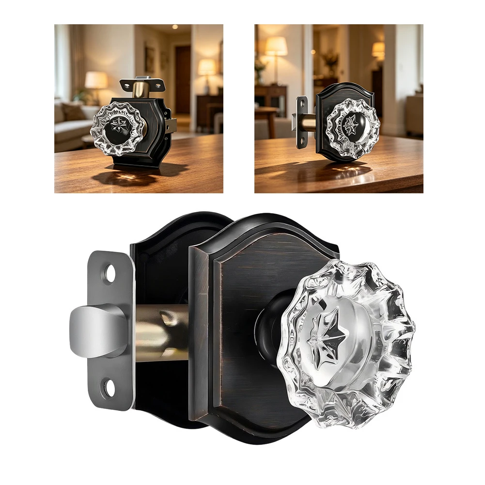 Wave Style Fluted Glass Door Knob Matte Black Finish Privacy Function Zinc Alloy Base for Standard Interior Residential Doors