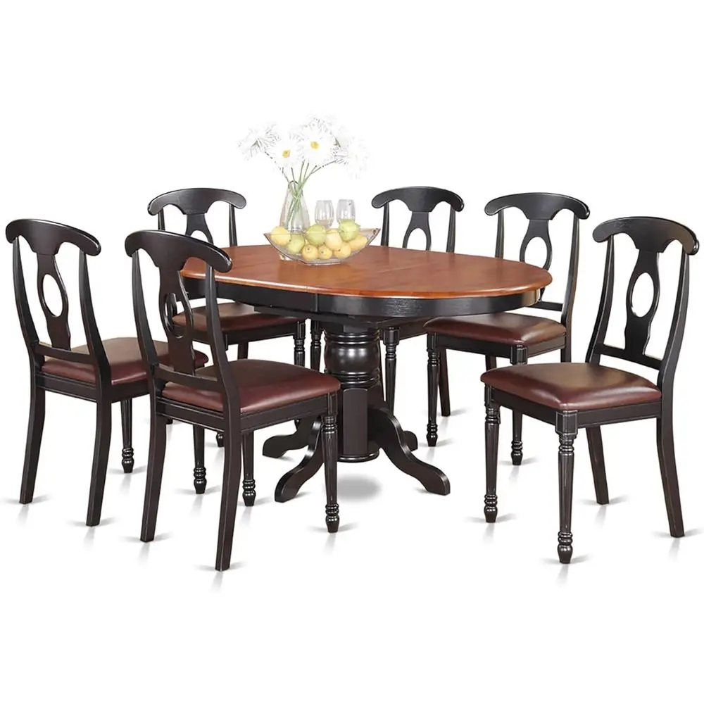 

7-Piece Oval Wooden Dining Set with Leather Chairs, 42x60 Inch, Black & Cherry