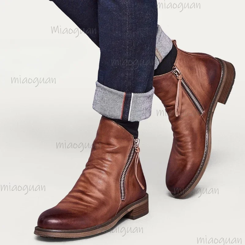 

Fashion Men's Chelsea Boots PU Leather Ankle Booties High-top Tassel Zipper Shoes No slip Thick Sole Retro Plus Size Footwear