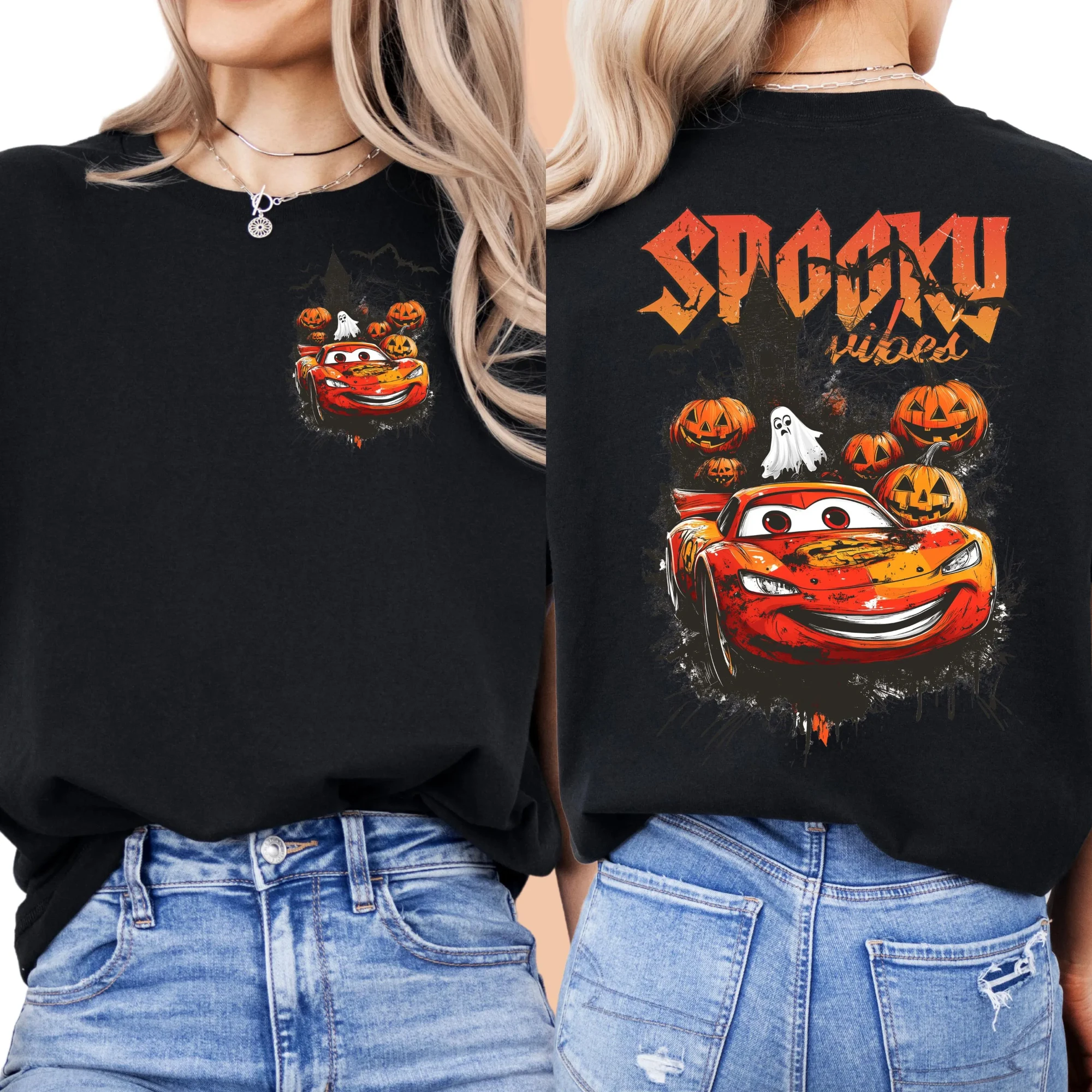 قميص ديزني كار للهالوين، تي شيرت Lightning McQueen Trick or Treat، ملابس نسائية لعائلة ديزني لموسم الأشباح