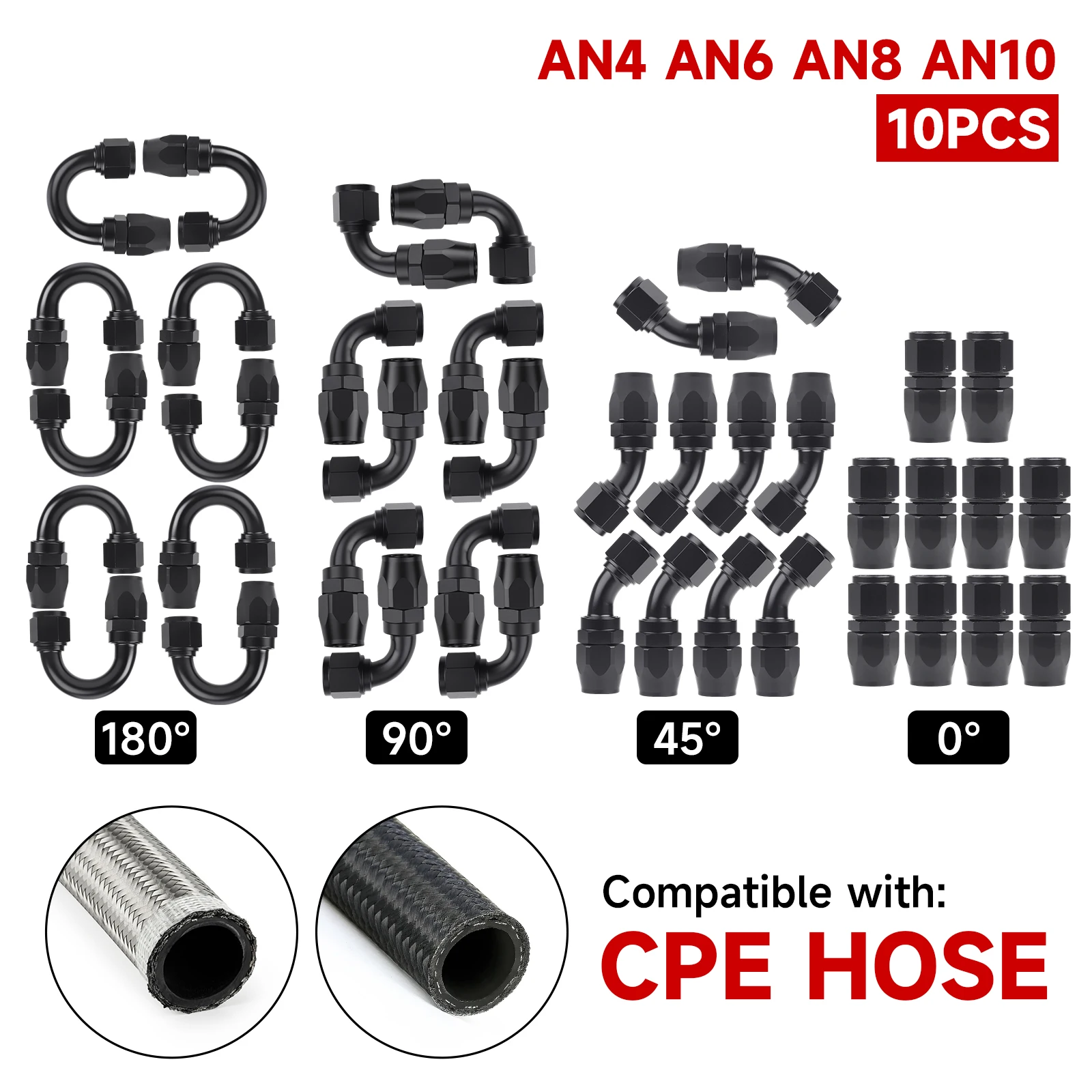 

For Oil Fuel CPE Line Universal AN4 AN6 AN8 AN10 Straight 0 45 90 180 Degree 10 Pcs Aluminum Car Swivel Hose End Fitting Adapter
