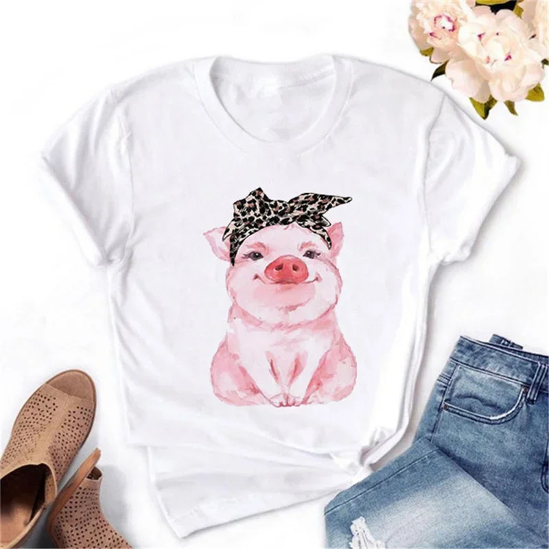 

Cute Leopard Bandana Pig Bow Fashion Print Women Tshirt Harajuku Kawaii Korean Female Tops Tees Funny Femme T Shirts