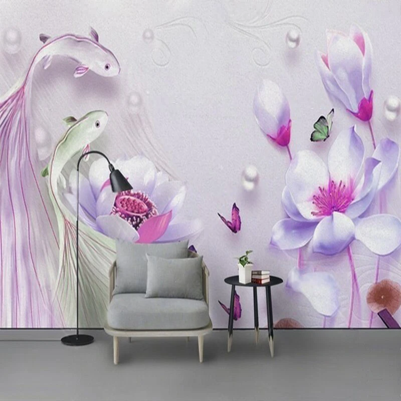 

MU9098 Custom Murals Wallpaper Modern 3d magnolia lotus pearl guppy TV home decoration background wall