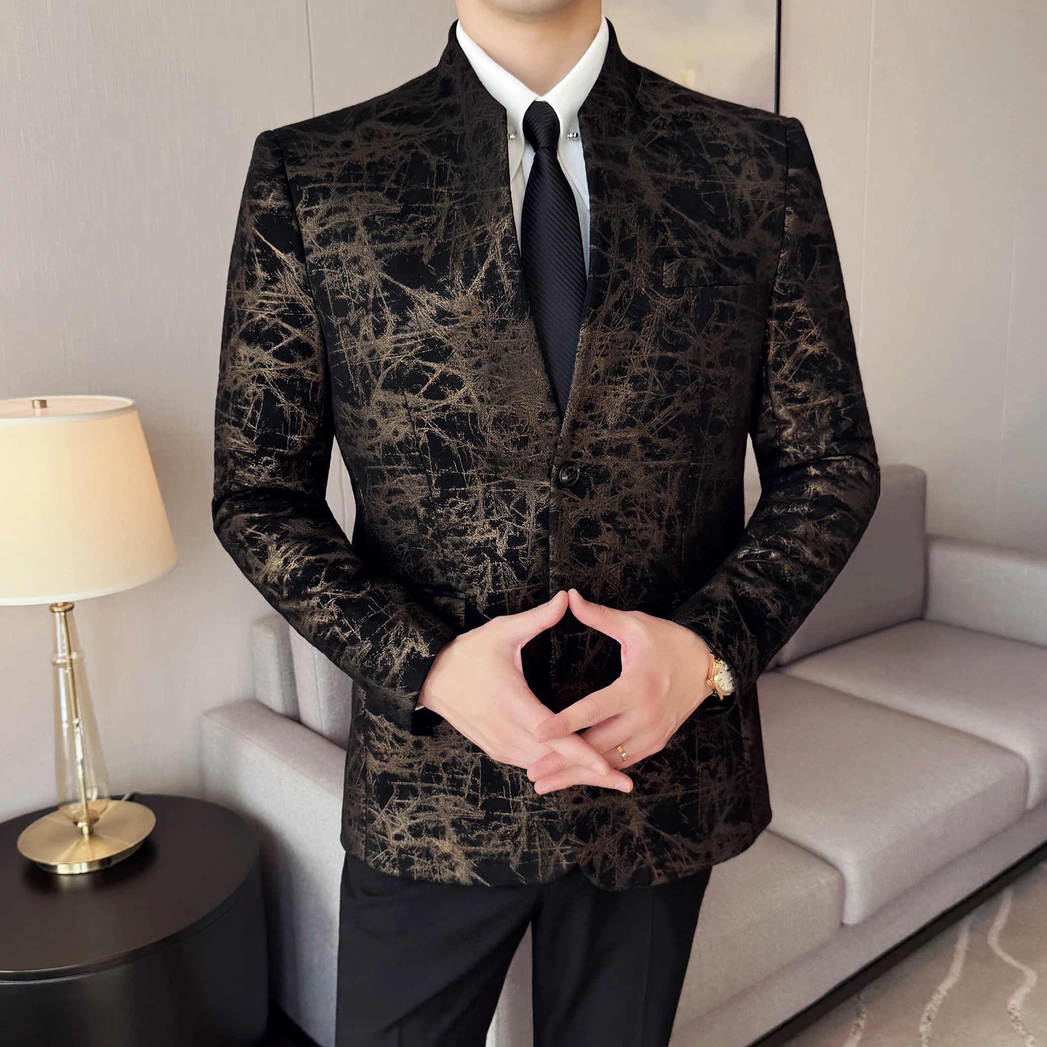 Nieuwe Chinese Stijl Opstaande Kraag Jacquard Pak Jassen Mannen Slanke Business Casual Mode Pakken Jas Formele Sociale Party Tuxedos