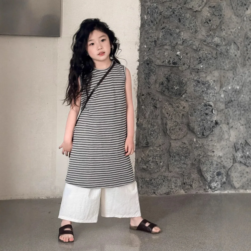 

Girls Skirt 2025 Summer New Childrens Clothing Korean Style Girls Baby Fashionable Knit Stretch Sundress Casual Simple