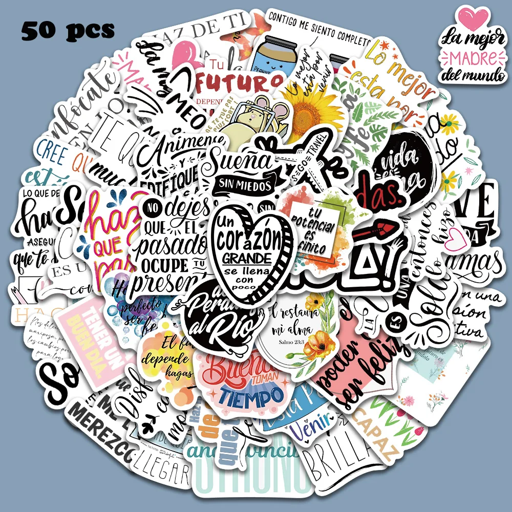 50 Stück inspirierende spanische Aufkleber, kreativer Graffiti-Aufkleber für Tagebuch, Kühlschrank, Schrank, Geldbörse, Rucksack, Umschlag, Dekoration, Aufkleber