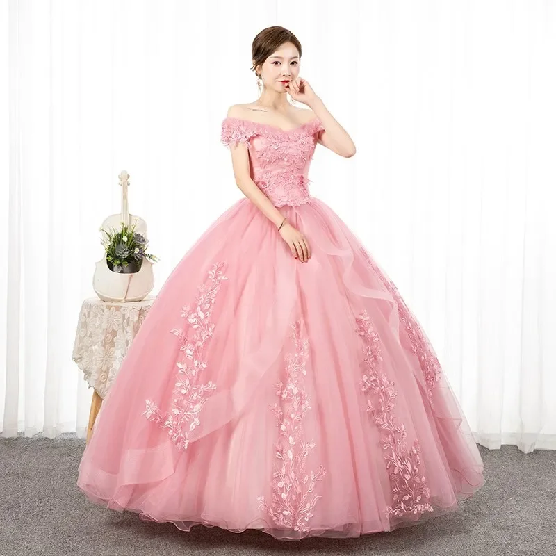 فساتين أميرة Quinceanera ، وردي ، قبالة الكتف ، ثوب الكرة ، حجم كبير 15