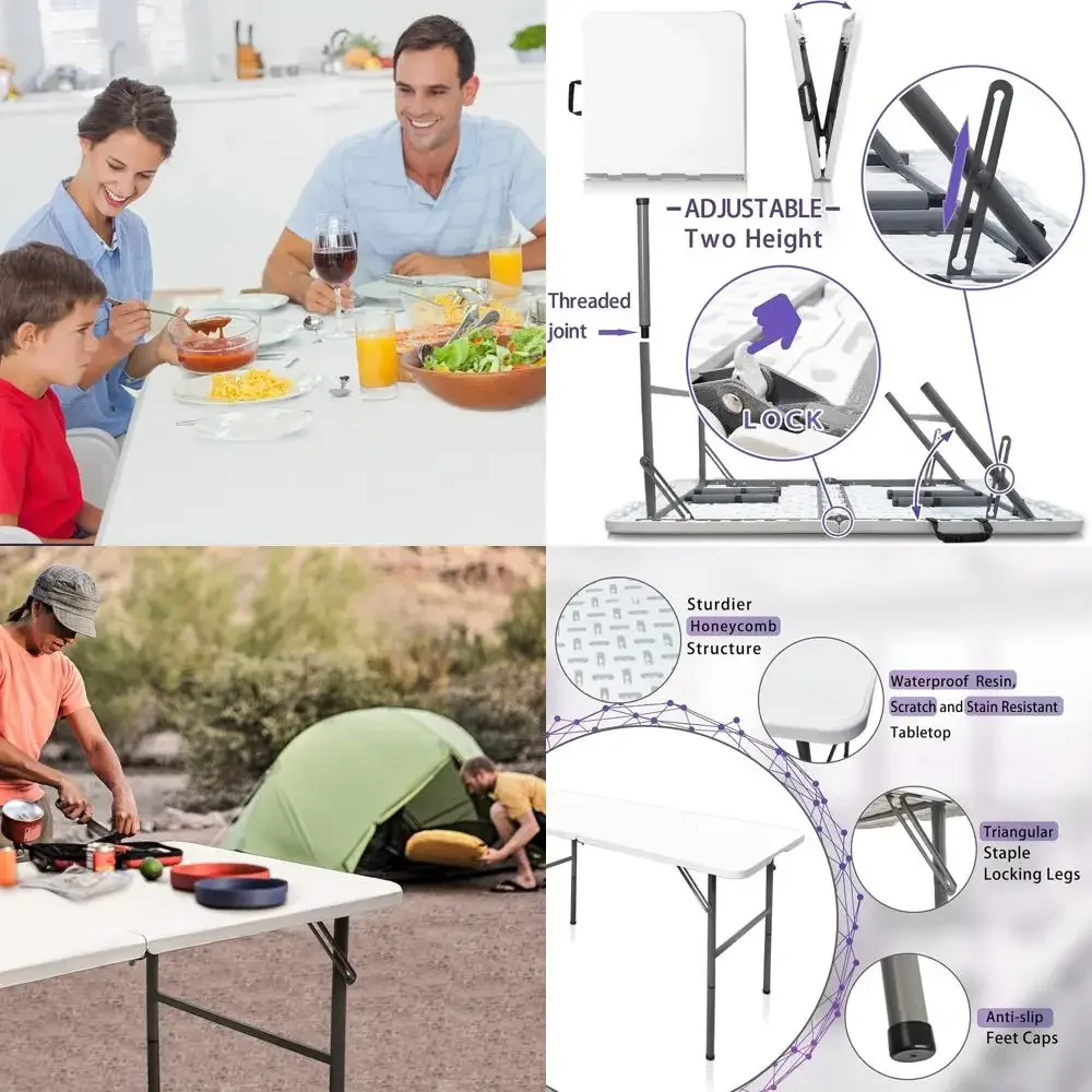 Folding Table,4ft Indoor Outdoor Heavy Duty Portable Folding Square Plastic Dining Table w/Handle, Lock for Picnic, Party, Campi