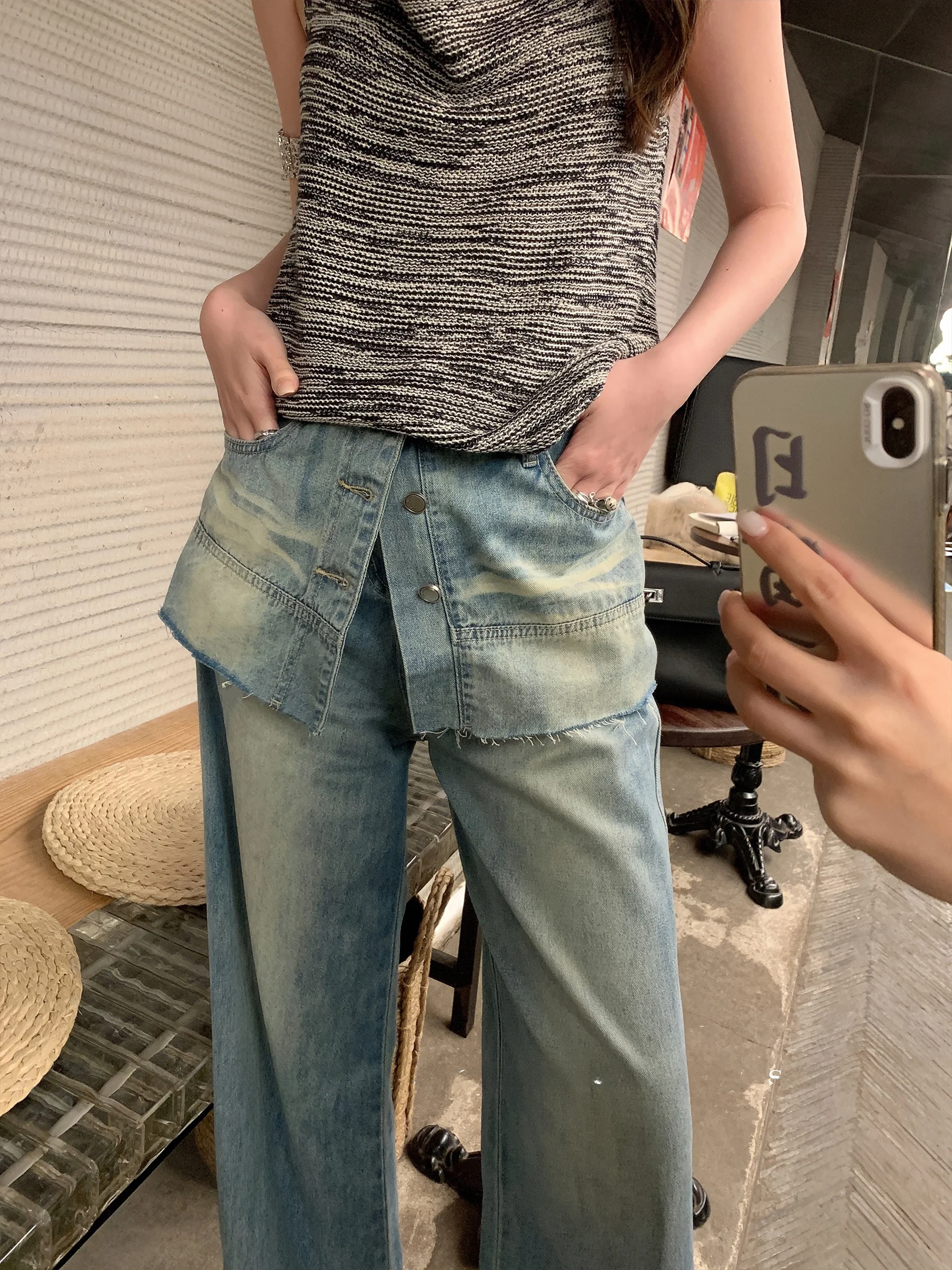 

Джинсы с высокой талией и широкими штанинами для женщин, летние, повседневные, рваные, из денима, длинные, струящиеся, Sam Seoi RK031363, синие