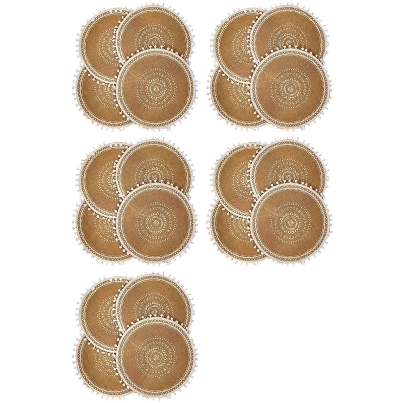 AT43-Juego de manteles individuales redondos de 20, manteles de yute tejido bohemio con borla de pompón para decoración de mesa de cocina y comedor (bola blanca)