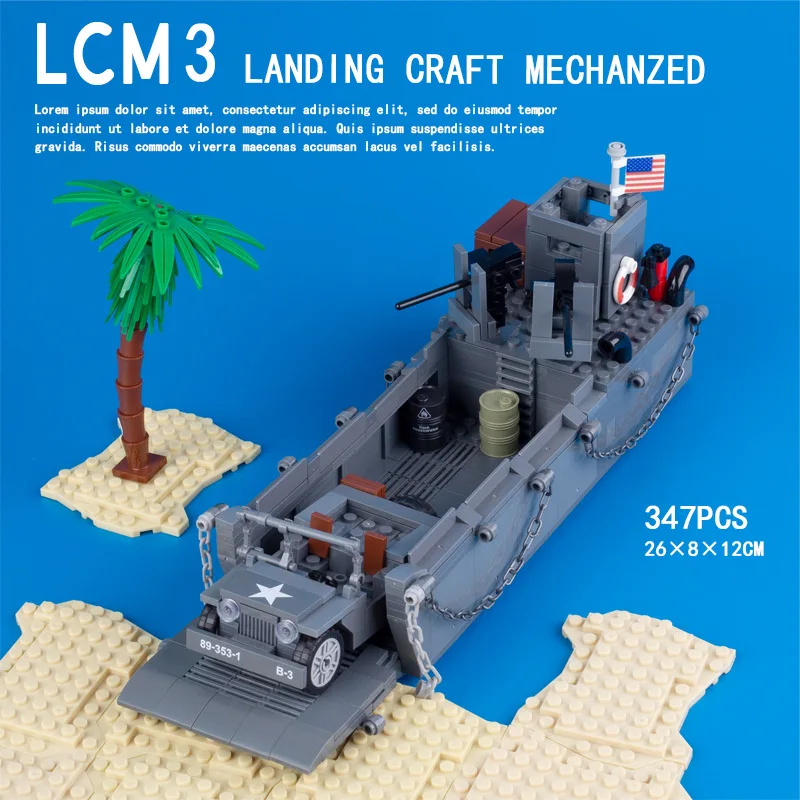 WWII US LCM3 Landing craft carding Jeep MOC Building Blocks, modelo militar para niños, juguete de montaje, regalo de cumpleaños