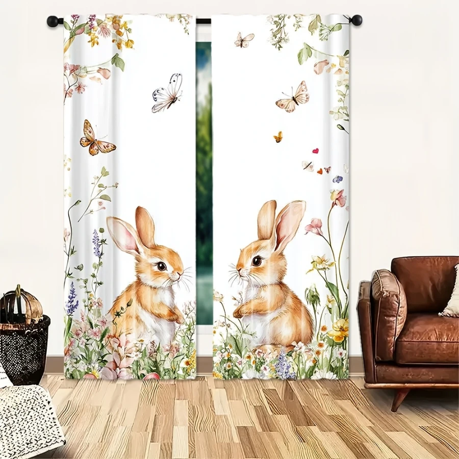 2PCS Digital Print Curtains, Spring Field Cute Bunny, Adorable Rabbit Meadow Decor Sweet Easter Themed Kids Nursery Drapes