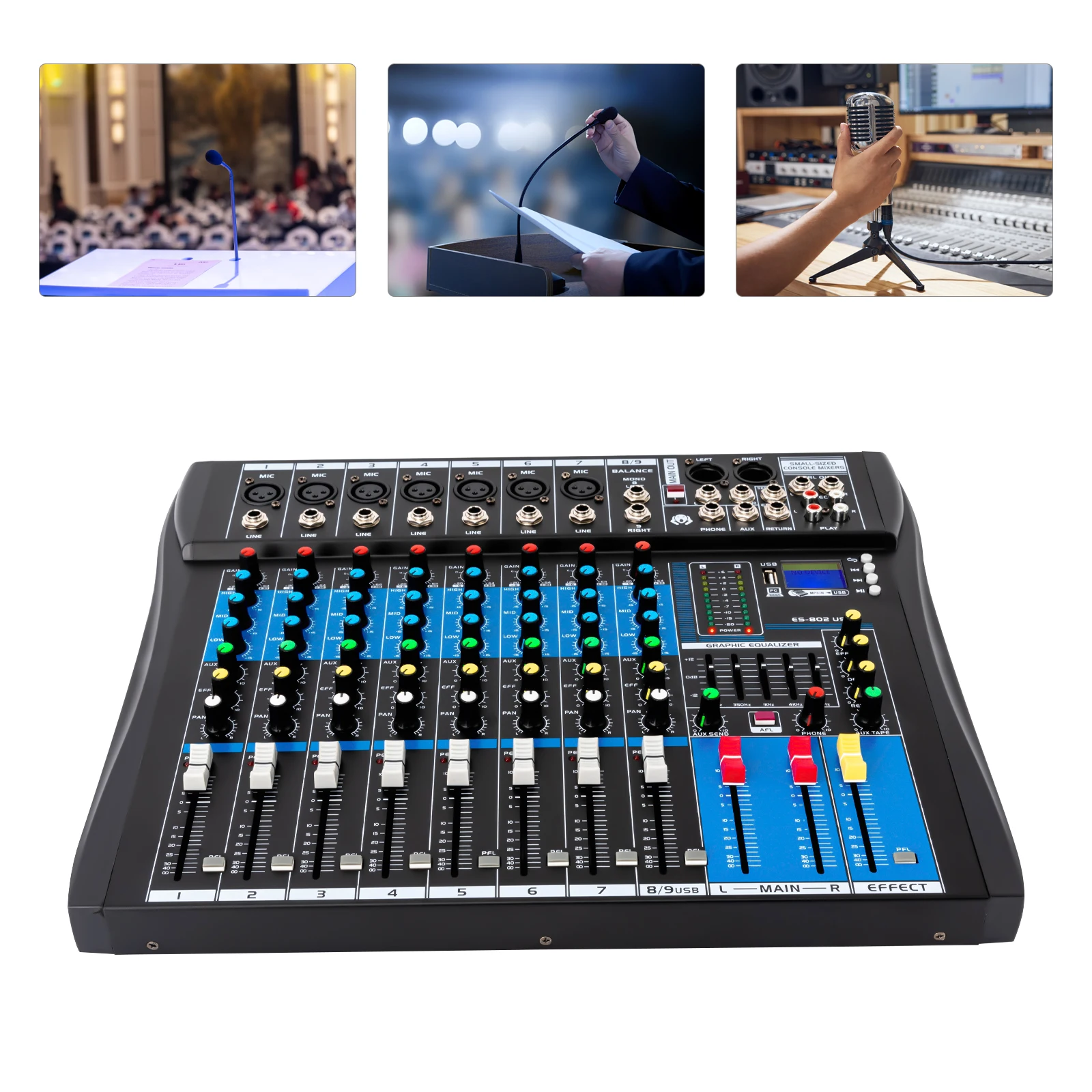 Professional 8 Channel Stereo Sound Mixer Bluetooth USB Recording Computer Playback Phantom Power USB Digital Audio Mixer