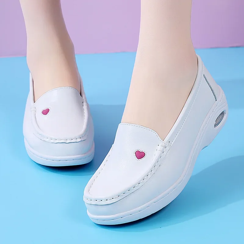 New Women Flat Leather Shoes Casual White Wedge with Soft Bottom Slip on Love Heart Comfortable Mom Nurse Work Shoes