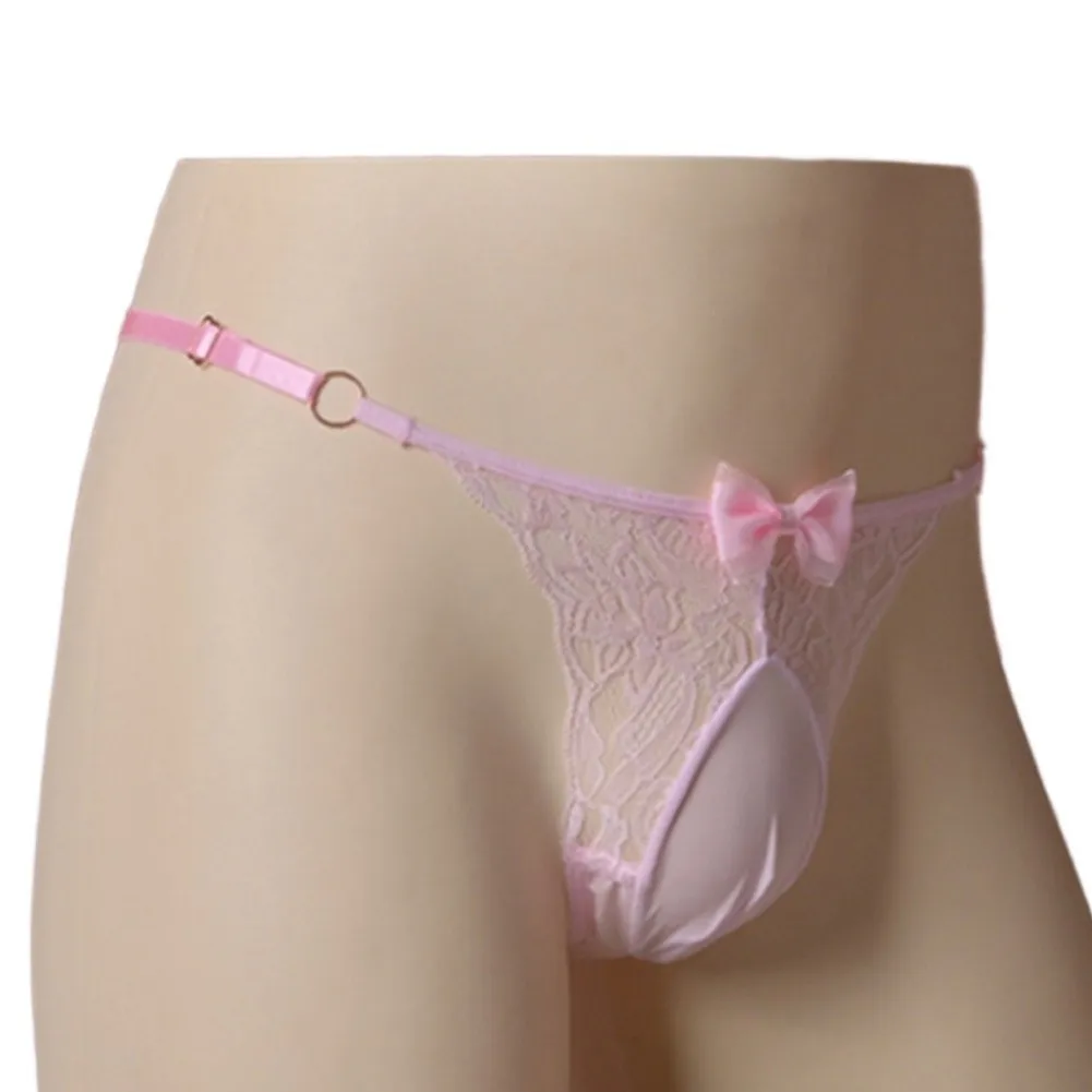 

One Size Men Bow Lace Splicing G-strings T-back Thong Egg Pouch Low Rise Sheer Sexy Underwear Lingerie For Man