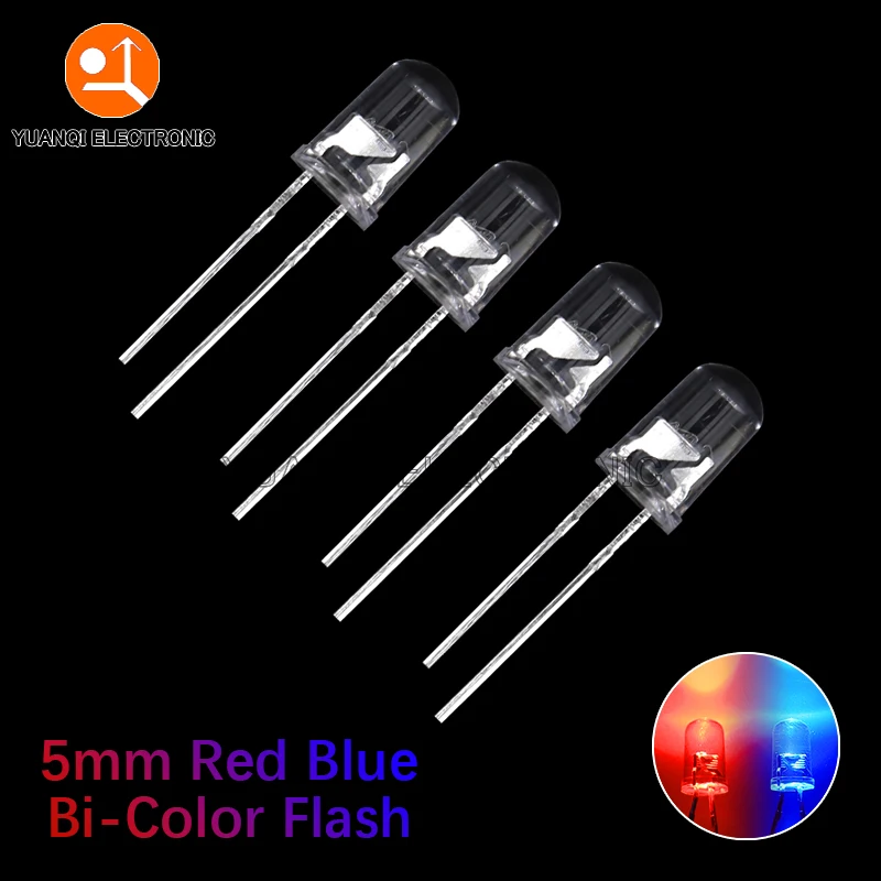 50pcs F5 5mm Flash Red Blue Bi-Color Light-Emitting-Diode Automatic Flashing LED Flash Control Blinking 5 mm LED Diode DIY