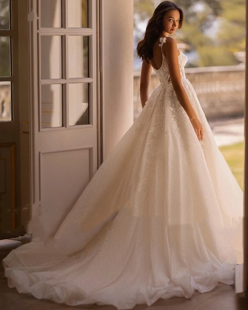 Vestidos de novia de tul con apliques y cuello en V para mujer, vestido de noche con espalda descubierta y corte acampanado, vestidos de novia personalizados